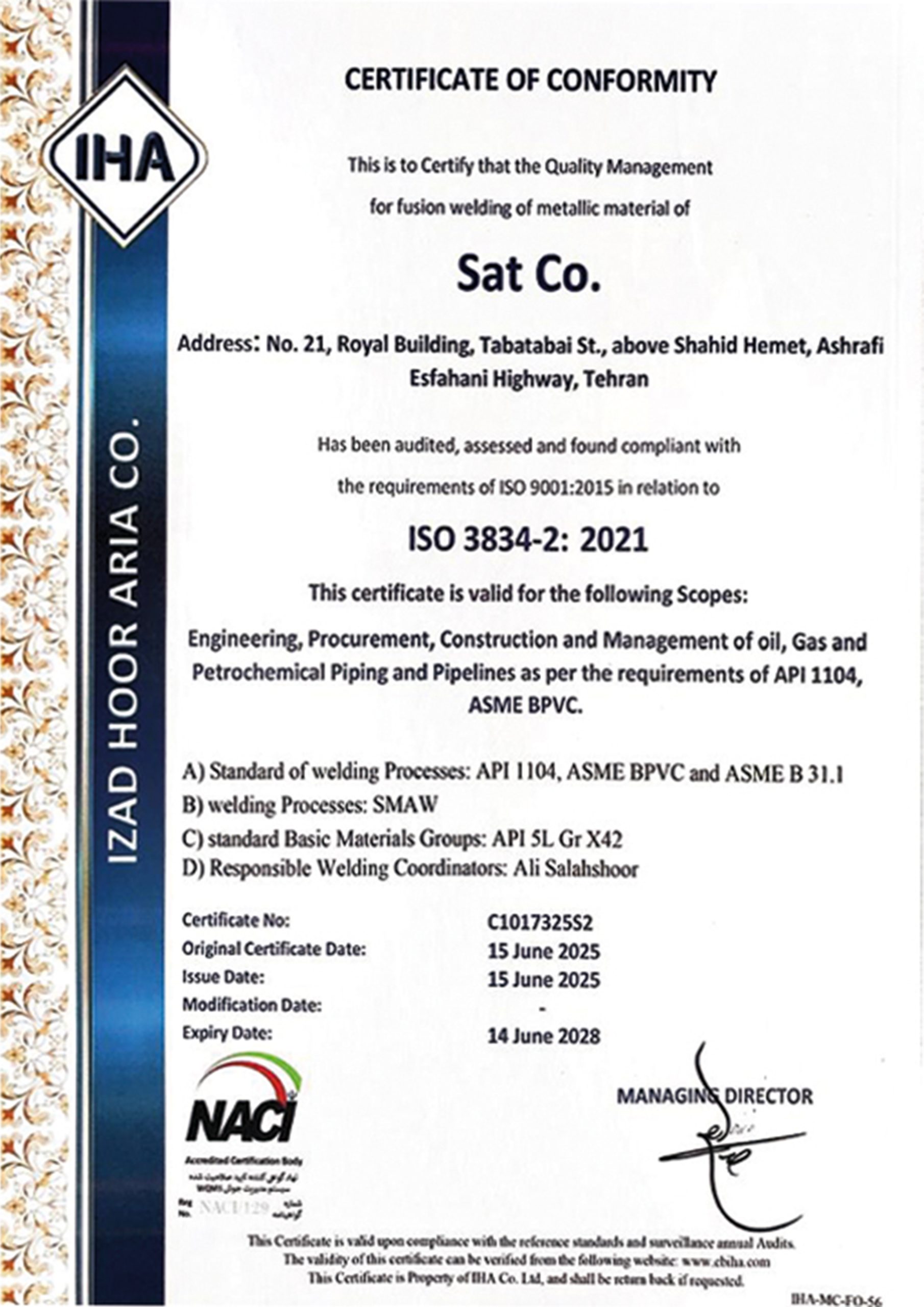 SAT Engineering Company International Certificate - Page 01