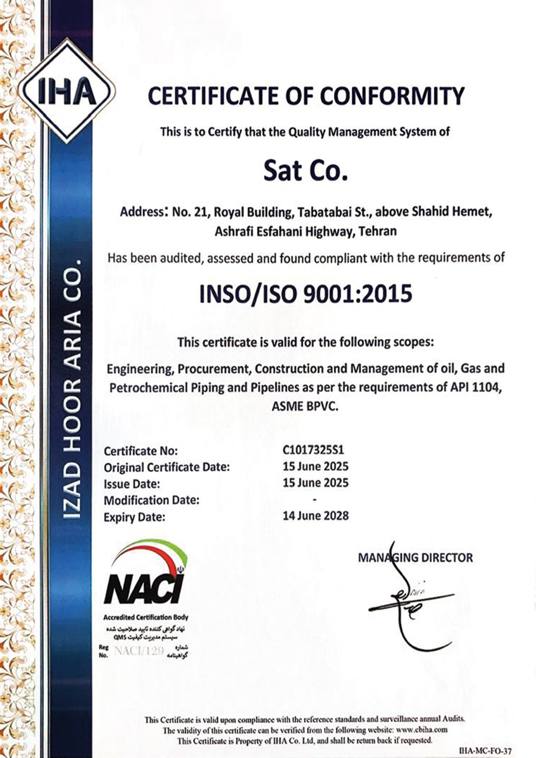 SAT Engineering Company International Certificate - Page 02